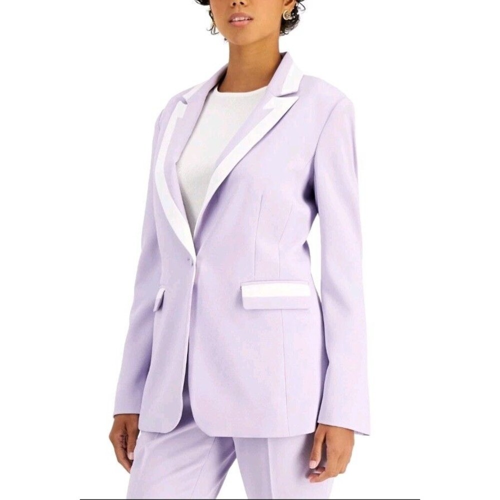 Tahari ASL Womens Sz 12 Purple Single Button Contrast-Trim Blazer Jacket Career